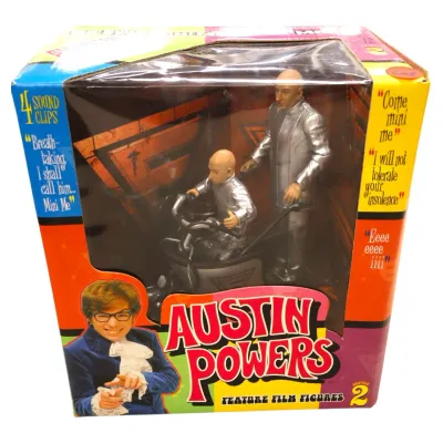 Sale Photo Thumbnail #114: Vintage Austin Powers Series 2 Dr. Evil and Mini Me talking action figures set, new in original window box packaging.
