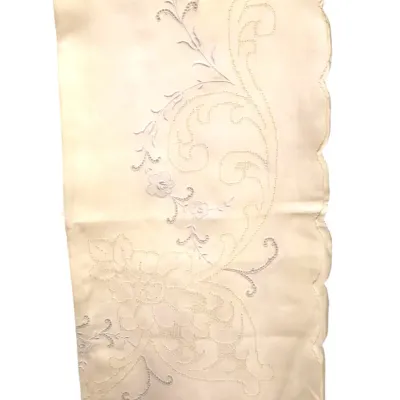 Sale Photo Thumbnail #203: Vintage off-white embroidered linen table runner with cutwork floral motifs and scalloped edges.