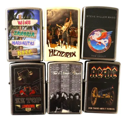 Sale Photo Thumbnail #185: Collection of six Zippo-style pocket lighters featuring music and beverage graphic designs, including Jimi Hendrix, The Rolling Stones, AC/DC, ZZ Top, and Steve Miller Band.