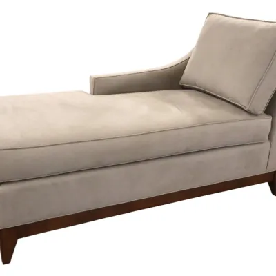 Sale Photo Thumbnail #267: Contemporary upholstered chaise lounge in a neutral beige fabric, featuring a dark wood base trim and tapered legs with matching back cushion.