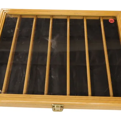 Sale Photo Thumbnail #199: Wooden glass-top display case with compartmentalized sections and a brass latch closure.
