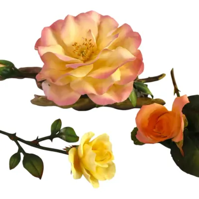 Sale Photo Thumbnail #68: BOEHM hand-painted ceramic rose figurines featuring delicate blossoms and buds in shades of yellow, pink, and orange.
