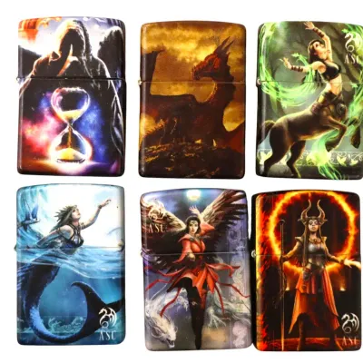 Sale Photo Thumbnail #192: Set of six Anne Stokes fantasy art lighters featuring designs of dragons, mermaids, and mythological figures.