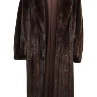 Sale Photo Thumbnail #74: Full-length dark brown mink fur coat by The Fur Vault, featuring a shawl collar and matching silk lining.