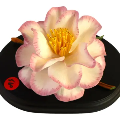 Sale Photo Thumbnail #66: BOEHM hand-painted porcelain flower sculpture featuring a white blossom with pink tipped petals mounted on a black wooden base.
