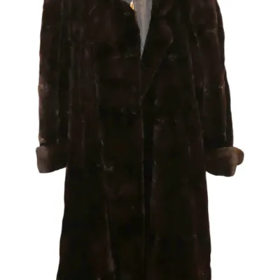 Sale Photo Thumbnail #76: Vintage full-length dark brown fur coat with folded cuffs and a shawl collar.