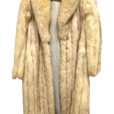 Sale Photo Thumbnail #70: Vintage full-length blonde fox fur coat featuring a large shawl collar and satin lining, displayed on a hanger.