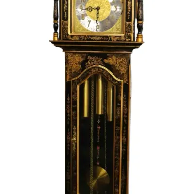 Sale Photo Thumbnail #223: Ornate black lacquer and gilt chinoiserie grandfather clock featuring hand-painted landscapes, turned finials, and a moon phase dial.