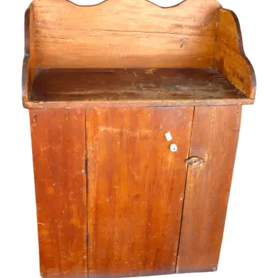 Sale Photo Thumbnail #238: Antique rustic pine dry sink cabinet with a scalloped backsplash, single door with porcelain pull, and wooden latch.