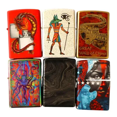 Sale Photo Thumbnail #176: Collection of six modern Zippo-style flip lighters featuring various printed artistic designs including a dragon, Egyptian motif, Great Wall of China, octopus, marble swirl, and pop-art portrait.