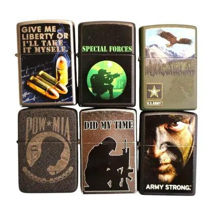 Sale Photo Thumbnail #151: Collection of six military and patriotic-themed flip-top lighters featuring graphics for POW-MIA, Special Forces, U.S. Army, and Second Amendment motifs.