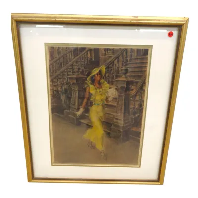 Sale Photo Thumbnail #132: Framed vintage art print depicting a stylish woman in a yellow dress walking past brownstone steps, presented in a gilded wooden frame with double matting.