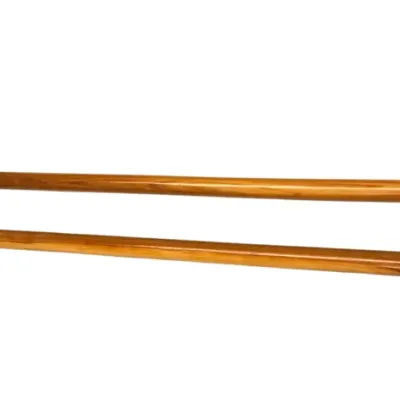 Sale Photo Thumbnail #297: Pair of handcrafted wooden walking sticks with angled handles and black rubber tip caps.