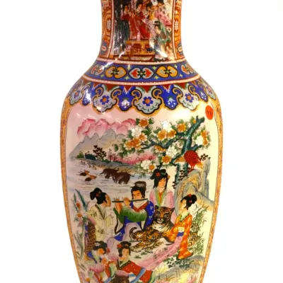 Sale Photo Thumbnail #277: Large Asian floor vase featuring detailed polychrome painted scenes of figures, landscapes, and wildlife with geometric border trim.