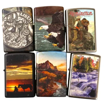 Sale Photo Thumbnail #178: Collection of six Zippo-style lighters featuring various printed graphic designs, including wildlife, outdoors, and Remington advertising motifs.
