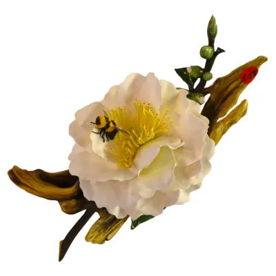 Sale Photo Thumbnail #64: BOEHM hand-painted  porcelain flower figurine featuring a white camellia blossom with yellow stamens, a bumblebee, and delicate green buds mounted on a faux driftwood base.