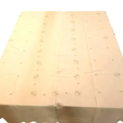 Sale Photo Thumbnail #205: Vintage off-white embroidered tablecloth featuring delicate floral motifs and a scalloped border.