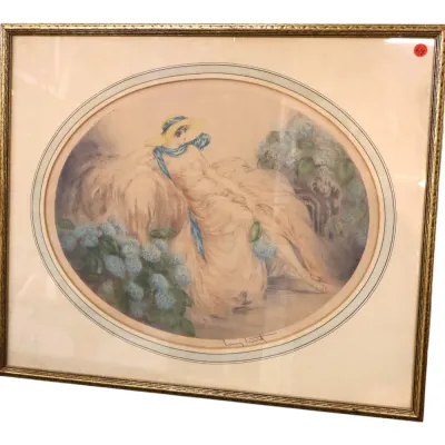 Sale Photo Thumbnail #126: Framed Art Deco oval etching by Louis Icart titled 'Hydrangeas', featuring a woman reclining among blue flowers in a gilded frame.