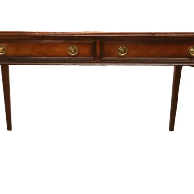 Sale Photo Thumbnail #29: Henredon - Traditional wooden console table featuring two drawers with brass ring pulls and tapered legs, showing light surface wear.