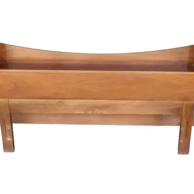 Sale Photo Thumbnail #36: Mid-century modern walnut wooden king-size headboard featuring built-in nightstands with drawers and a central storage shelf.