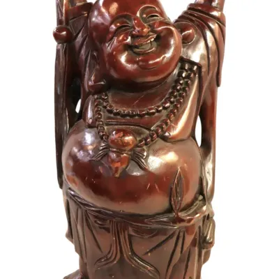 Sale Photo Thumbnail #50: Hand-carved wooden Laughing Buddha statue depicting Hotei holding pearls of wisdom overhead with a rich polished finish.