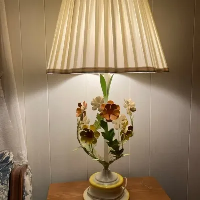 Sale Photo Thumbnail #10: Vintage Italian-style metal floral table lamp with polychrome painted flowers and leaves, paired with a pleated fabric shade.
