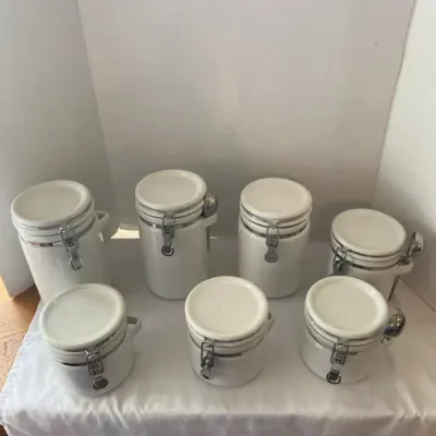 White Ceramic Canister with Silver Tone Metal Latches 