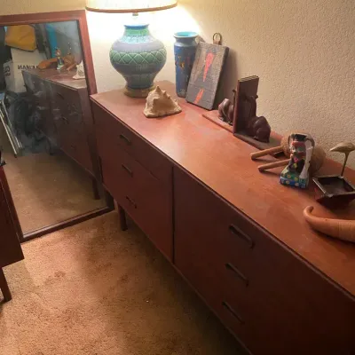 Double Dresser, Mirror, Lamp, and Decor
