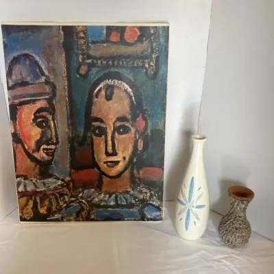 Vintage Print of “Heads of Two Clowns” and Two Vases