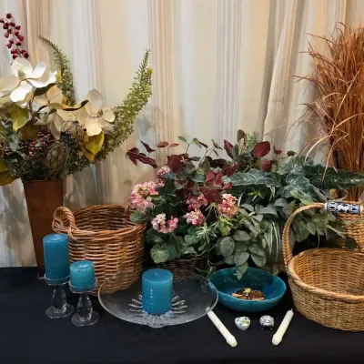 Delft Handle Woven Basket, Faux Floral Arrangements, Candles & Decorative Accents