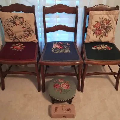 Wooden Chairs With Floral Needlepoint Cushions, Pillows, Footstool & Doorstop