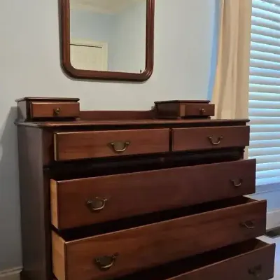 1951 Cherry Wood Dresser With Matching Arched Mirror 