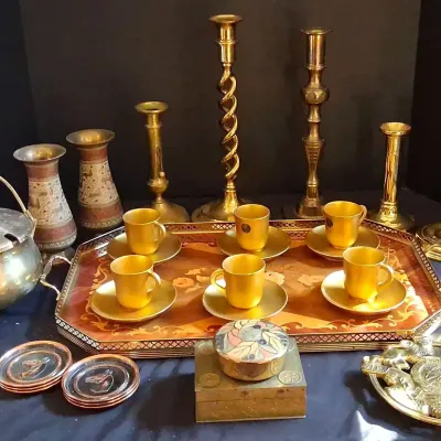 Brass Candlesticks, Gold-Tone Espresso Cups, Decorative Tray and Decor Collection