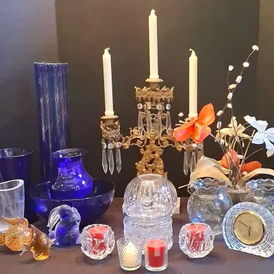 Cobalt Blue Glass, Crystal Candleholders, Ornate Candelabra and Art Glass Animal Collection