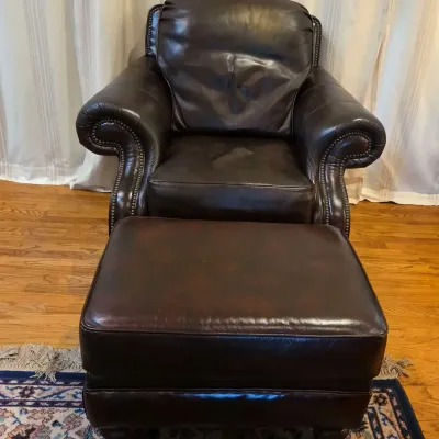 Broyhill Brown Leather Armchair with Matching Ottoman, Nailhead Trim