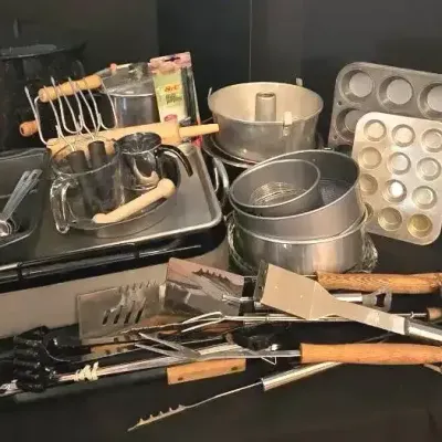 Assorted Bakeware, Muffin Pans, Rolling Pins, Grilling Tools and Kitchen Accessories