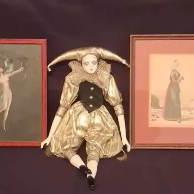 Porcelain Harlequin Jester Doll, Giovanni Patrone Style Paintings & French Line Art
