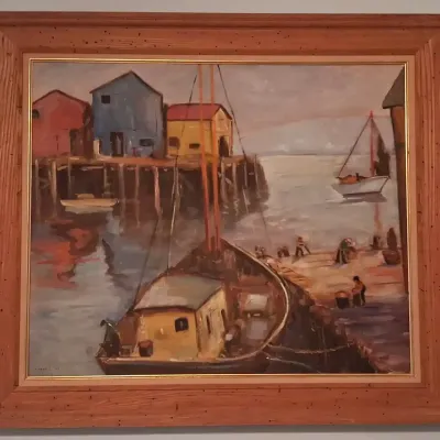 1962 Original Harbor Oil Painting Signed F. Orrell in Wood Frame