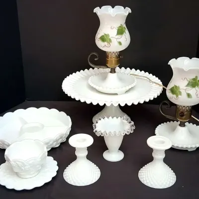 White Milk Glass Collection With Lamps, Cake Stand, Candlesticks And More