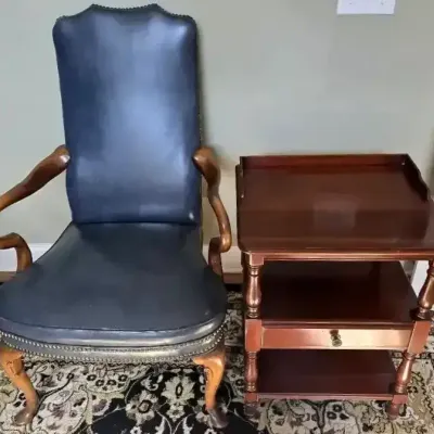 Blue Upholstered Wood Armchair and Lewisburg Cherry Finish Side Table