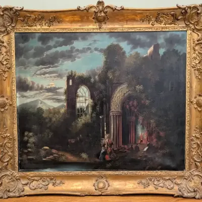 Unsigned Romantic Landscape Oil Painting of Gothic Ruins in Elaborate Gold Gilt Frame