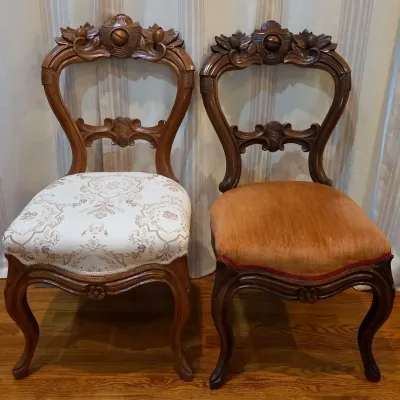 Pair of Victorian Renaissance Revival Style Carved Wood Upholstered Side Chairs