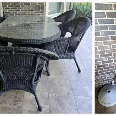 Outdoor Wicker Dining Table with Glass Top, Five Chairs, Umbrella and Protective Cover