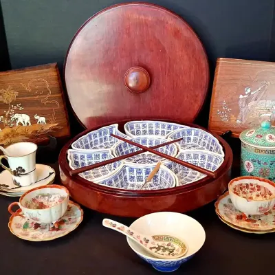Chinese Porcelain Collection With Wooden Lazy Susan, Teacups & More
