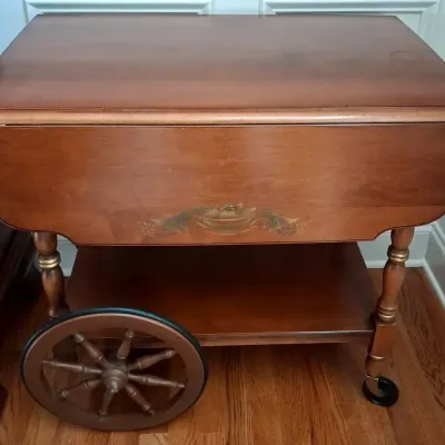 Lambert Hitchcock Wooden Drop-Leaf Rolling Bar Cart With Drawer