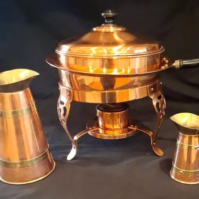 Copper Chafing Dish With Lid and Two English Copper Pitchers