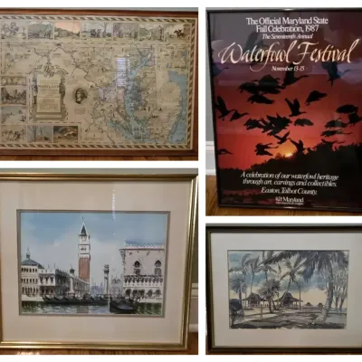 Four Framed Prints: Edwin Tunis Maryland Map, Naples Pier, Venice & Waterfowl Festival