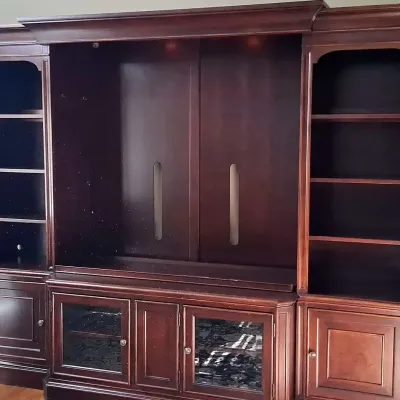 Hooker Furniture Three-Piece Entertainment Center with Lighted Display Shelves and Glass Cabinets