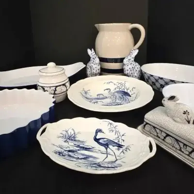 Antique Powell & Bishop Platter, Dedham Rabbit Style Pottery & Blue and White Ceramics