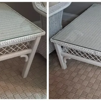 Two White Wicker Tables with Glass Tops